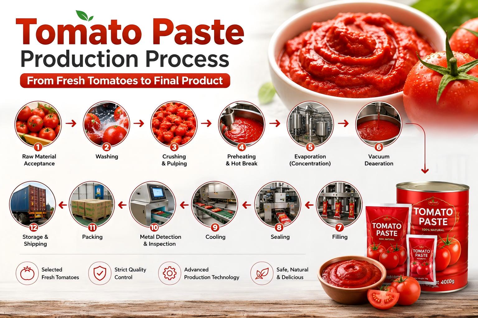 Процесс производства томатной пасты: от свежих томатов до конечного продукта.